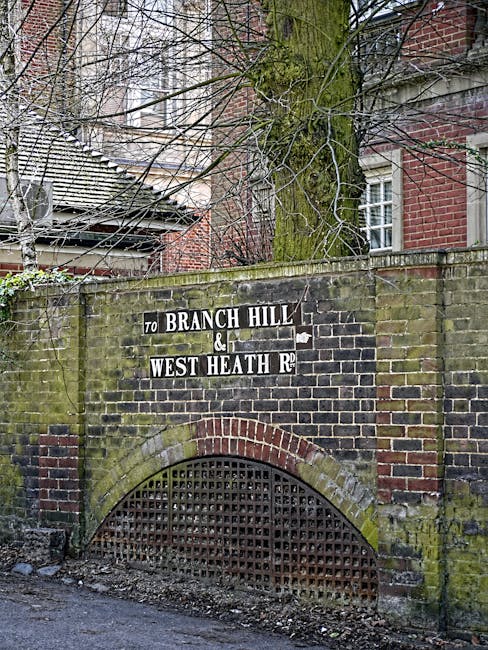 A brick archway situated below a street sign indicating directions to Branch Hill and West Heath Road, attached to an aged stone wall with visible moss and weathering. Behind the sign, there is a larg