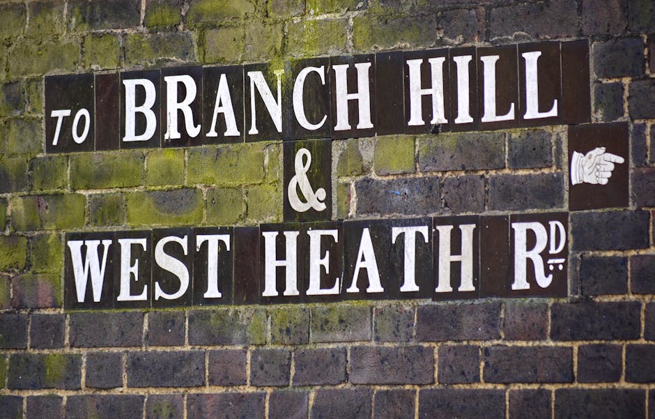 A brick archway situated below a street sign indicating directions to Branch Hill and West Heath Road, attached to an aged stone wall with visible moss and weathering. Behind the sign, there is a larg